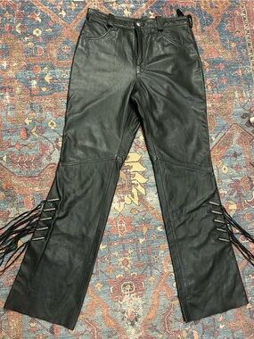 Harley-Davidson Biker Black Leather Fringe Pants Jeans Teal Satin Lining Rock